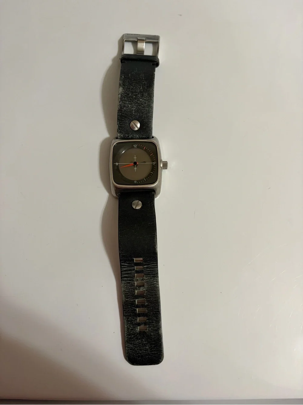 Diesel Black Leather Strap Watch with Silver Case and Olive Dial